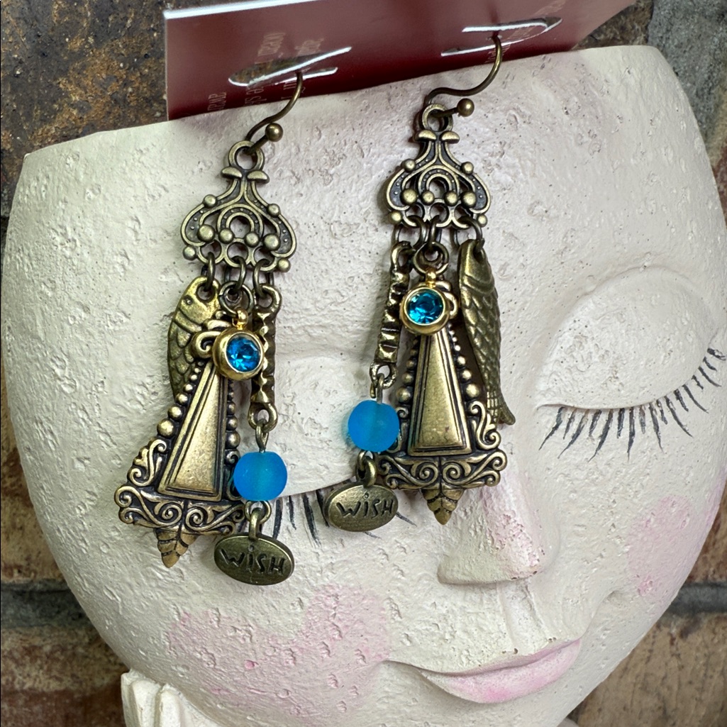 Vintage Style Bronze And Blue Glass Fish Wish Charming Dangle Earrings